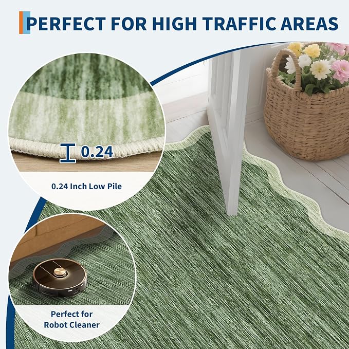 GarveeHome Scalloped Washable Runner Rug 2x6 Runner Abstract Modern Green - Image 6