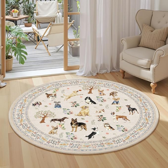 Beige 4Ft Round Area Rugs for Bedroom, Non-Slip Stain Resistant Round Kitchen - Image 3
