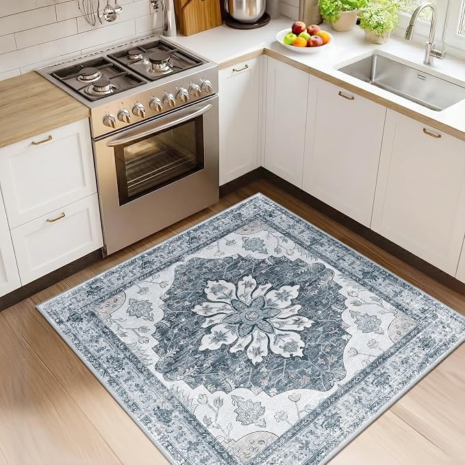 RELEANY Area Rugs Square 4ft Washable Non-Slip, Floral Vintage Distress by RELEANY