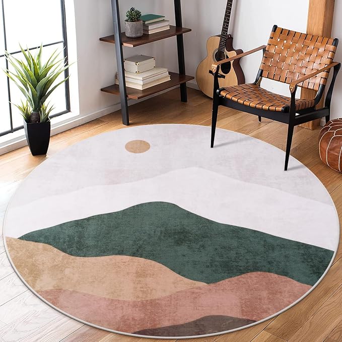 5ft Abstract Round Rug, Chic Washable Non-Slip Sun and Mountain Area Circle Rug - Image 2