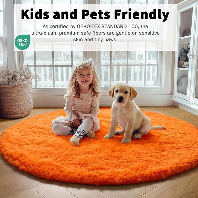ONASAR Orange Round Rugs 5ft for Bedroom Living Room, Fluffy Circle Area Rug - Image 5
