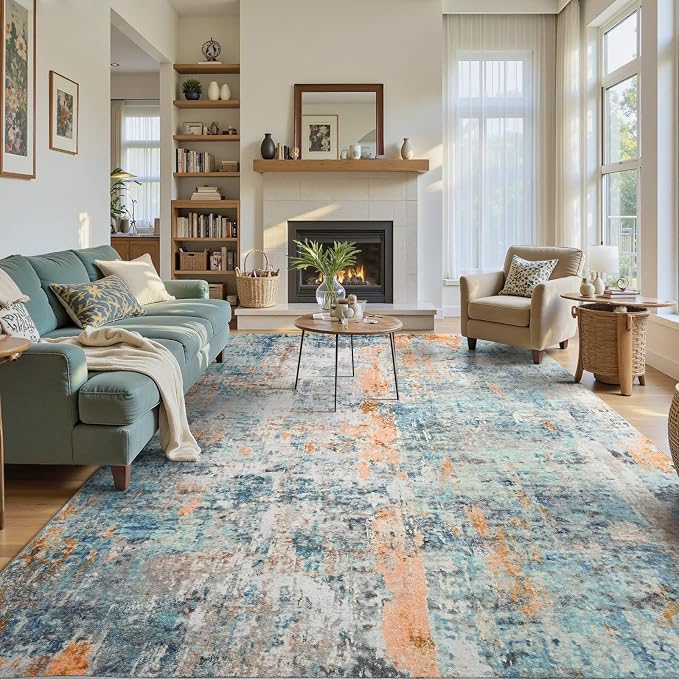 Ompaa Living Room Rug 6x9 Blue Area Rug Machine Washable Boho Rug Non Slip - Image 4