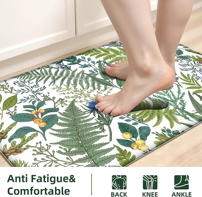 White Green Botanical Kitchen Rugs Set of 2 Plant Leaf Anti-Fatigue Kitchen Mat - Image 5