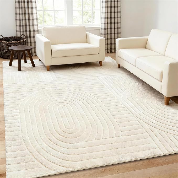 5x7 Geometric Solid Beige Area Rug – Washable, Durable Non-Slip Indoor Carpet by MATIIUICarpet
