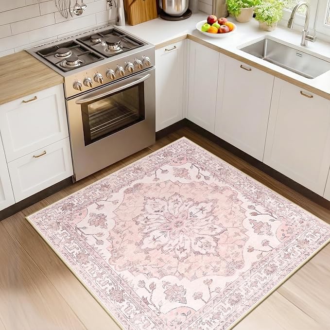 RELEANY Area Rugs Square 4ft Washable Non-Slip, Floral Vintage Distress by RELEANY