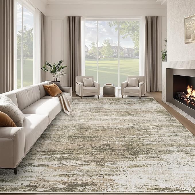 Washable Rug 9x12 Area Rugs for Living Room: Large Neutral Soft Rug Abstract by LOSBULAKE