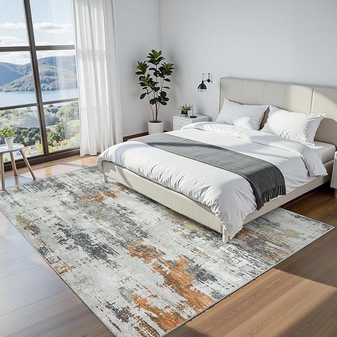 Area Rug 9x12 Living Room Rug Washable: No-Slip Abstract Soft Thin Large Grey - Image 5