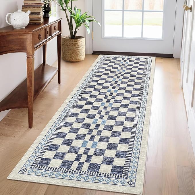 GarveeHome Runner Rug 2x10 for Kitchen Blue Contemporary Checkered Long Rug for - Image 6