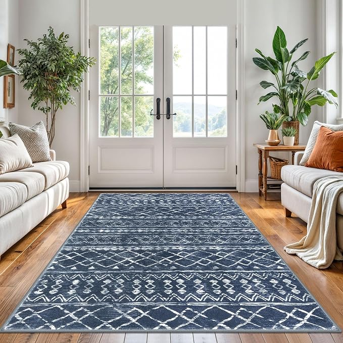 KUTA Area Rug 5x7 Navy Blue, Washable Boho Large Living Room Moroccan Rugs - Image 2