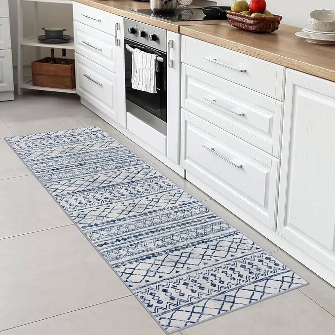KUTA Moroccan Washable Runner Rug, 2x6 Non-Slip Vintage Blue White Boho Hallway - Image 3