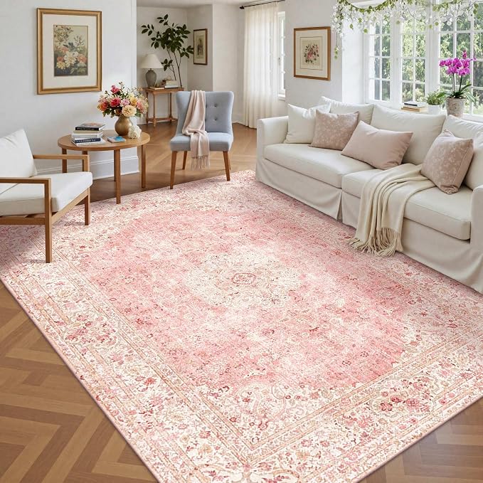 Latte&Fog Large Area Rugs 6x9, Vintage Washable Pink Rugs by LatteFog