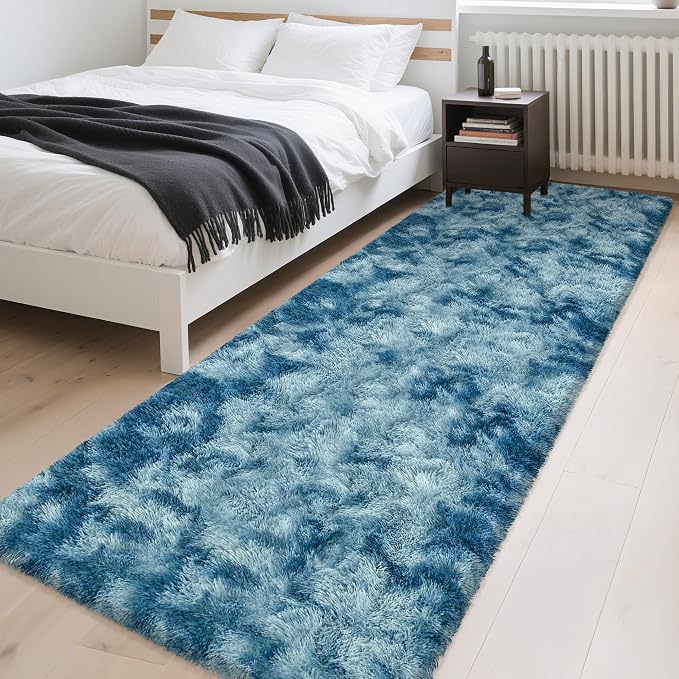 3x10ft Plush High Pile Blue Tie-Dyed Rug Fluffy Soft Runner Bedside Rug - Image 3