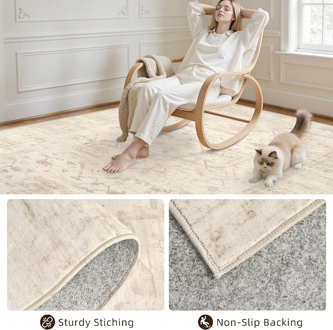 Area Rugs 9x12 Living Room: Vintage Boho Neutral Washable Rug Indoor Soft Large - Image 4