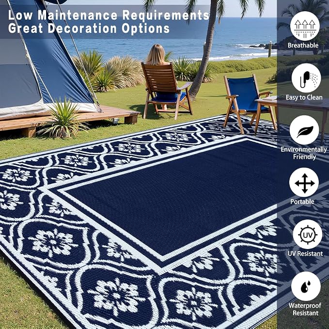 HUGEAR Outdoor Rug 8x10 Patio Camping Carpet Waterproof Mat Blue Outside - Image 3
