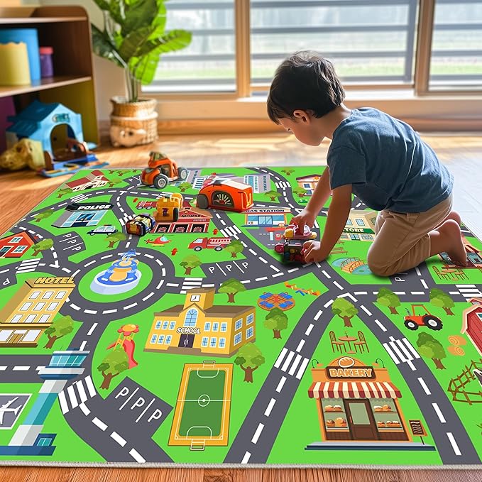 Kids Room Rug - Soft & Non-Slip 4x5 Ft Town Car Rugs City Map Play Mat - Image 3