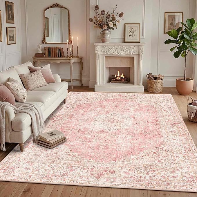 Latte&Fog Pink Area Rugs 8x10, Vintage Cute Large Washeble Rugs - Image 3