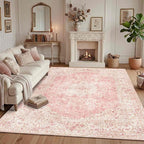 Latte&Fog Pink Area Rugs 8x10, Vintage Cute Large Washeble Rugs - Image 3