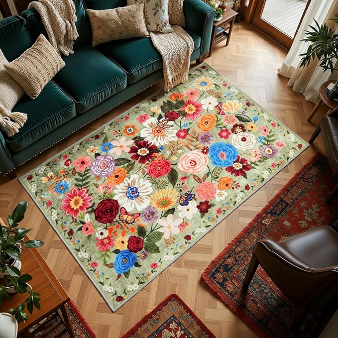 Area Rug 4x6 Green, Washable Boho Rugs Non Slip Low Pile Floral Small Carpet - Image 3