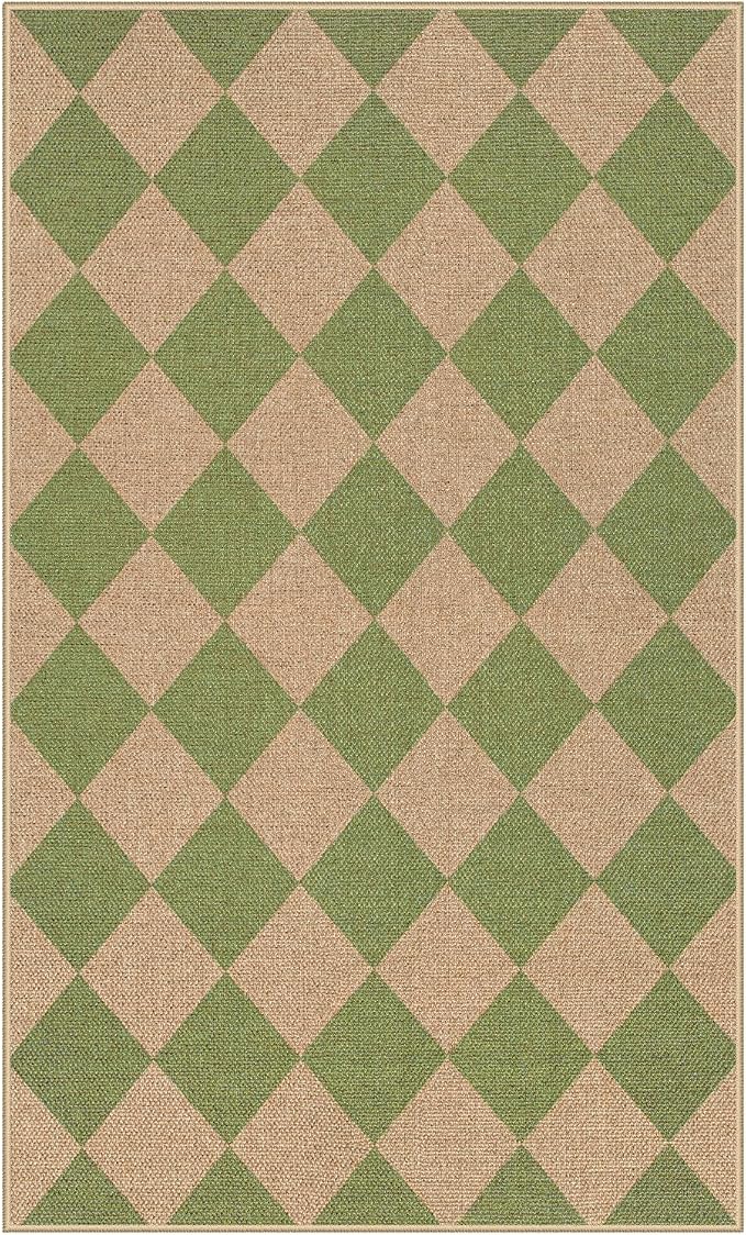 Lahome Colette Green Checkered Easy Jute Rug, 3x5 Washable Outdoor Rug Neutral - Image 8