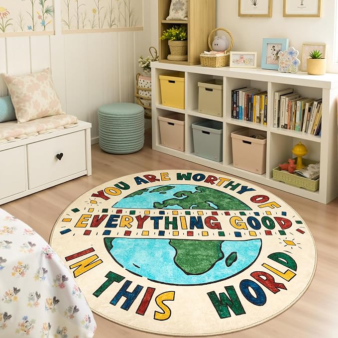jinchan 5ft Round Rug Washable Fun Rug You are Worthy Playroom Mat Non Slip - Image 2