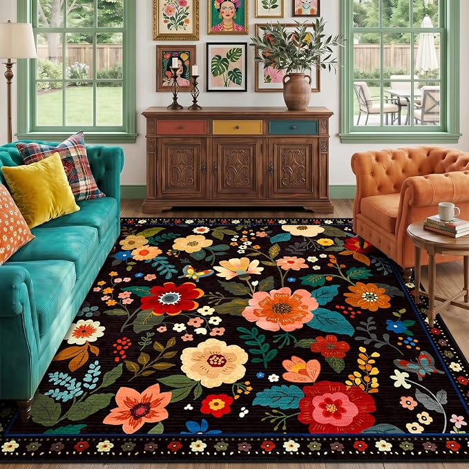 RELEANY Floral Square 8ft Area Rugs Washable Print Boho Cute Carpet Non Slip by RELEANY