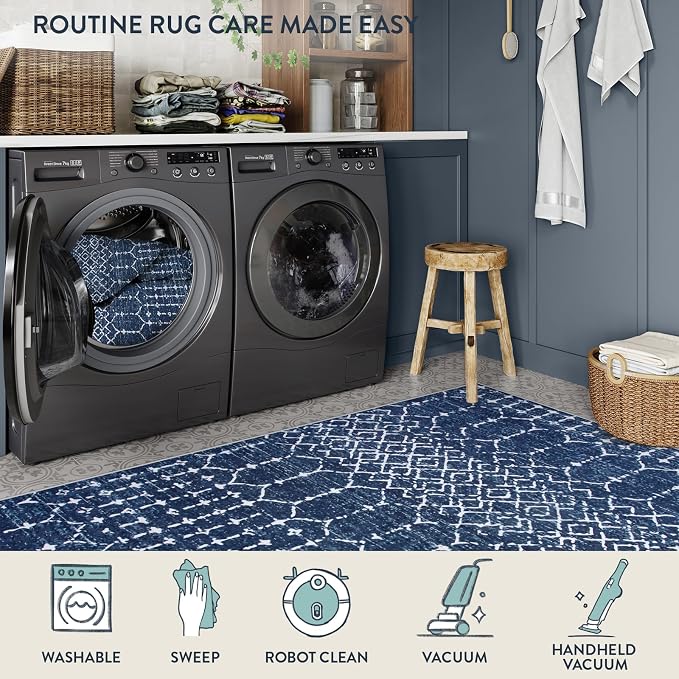 Lahome Moroccan Blue Rugs for Living Room Washable Rugs 8x10 Non-Slip - Image 4
