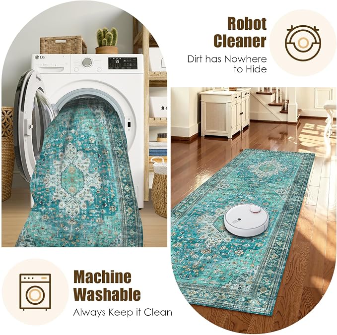Washable Area Rug 2'6'' x 8' Vintage Traditional Persian Mat - Image 7