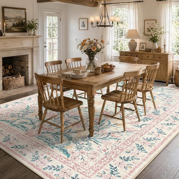 Wonnitar Floral Large Rugs for Living Room, Soft Light Pink Rug Washable 9x12 - Image 8