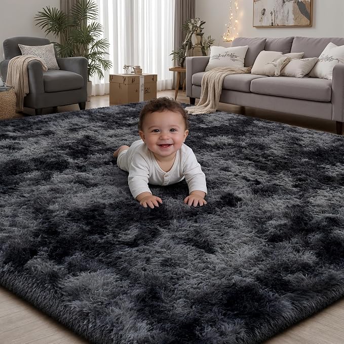 Area Rug for Living Room Bedroom: 5x7 Black Grey Soft Fluffy Shag Upgrade by PLHXFRSoftAreaRugs
