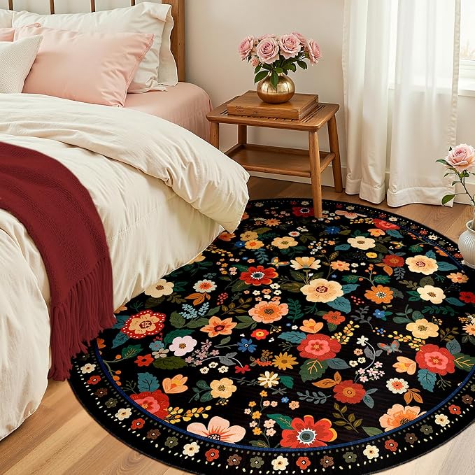 4ft Area Rugs for Living Room Vacuum-Friendly Machine Washable Area Rug Flower by meejou