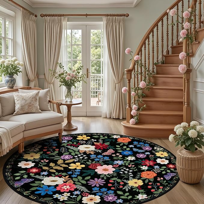 Round Area Rug for Living Room: 8 ft Floral Washable Circle Rug Soft Boho - Image 5