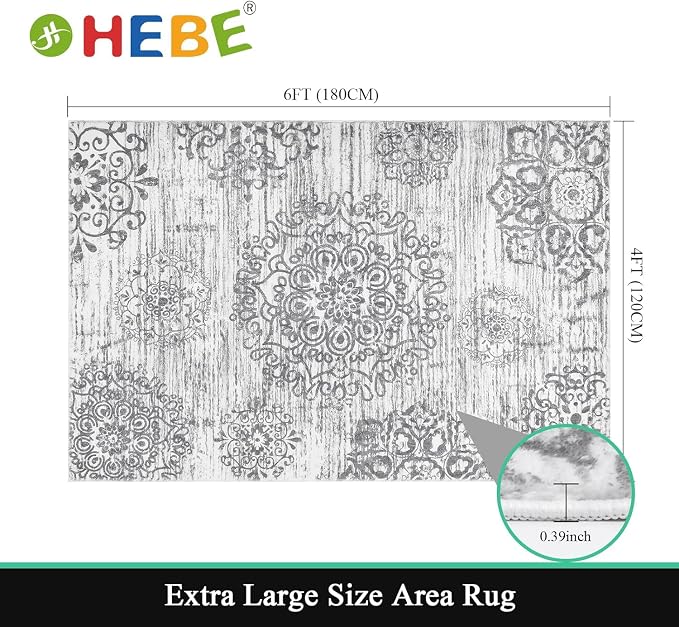 HEBE Area Rugs for Living Room 4'x6', Washable Non Slip Boho Bedroom Rug - Image 2