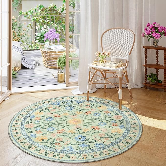 Wonnitar Washable Floral Round Rug, 6ft Sage Green Round Area Rugs - Image 3