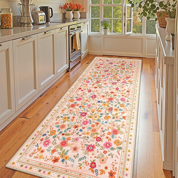 2x8 Area Rugs, Washable Floral Rug, Low Pile Non-Slip Carpet, Flower Rug by meejou