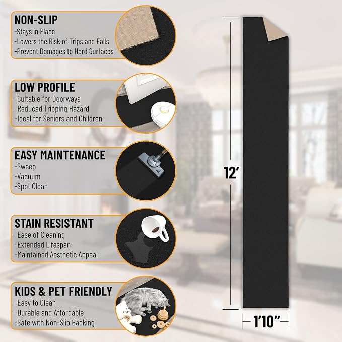 Ottomanson Hallway Runner Rug 1'10" x 12' Non Slip Solid Area Rugs Easy to - Image 2