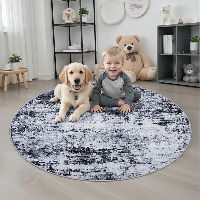 Round Area Rug for Living Room: 4 ft Washable Modern Abstract Soft Thin Rug - Image 2