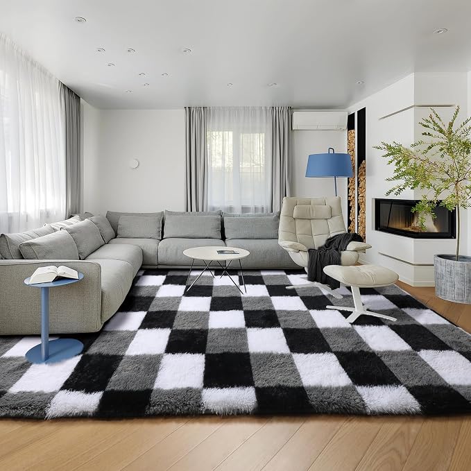 KICMOR Living Room Rugs 5x8, Fluffy Shag Fuzzy Plush Black White Grey Checkered - Image 6