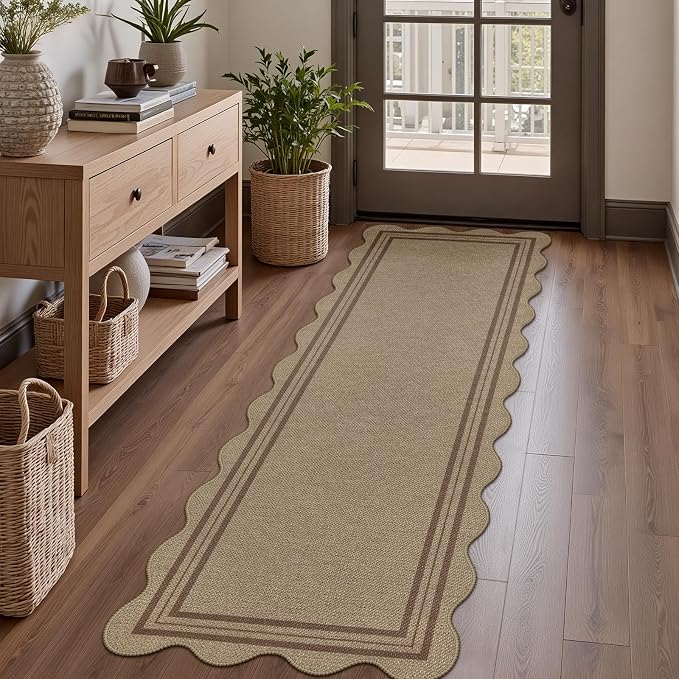 Scalloped Easy Jute 2x6 Kitchen Runner Rug, Washable Rugs by LORWER