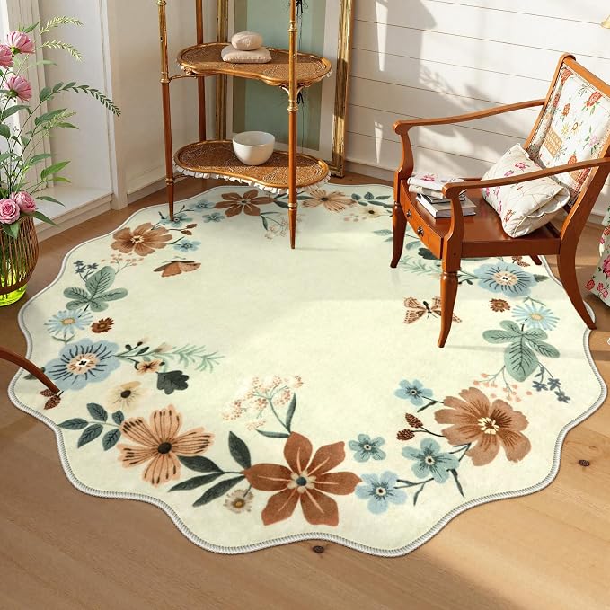 Lahome Floral Washable Round Area Rug, Round Rug 5ft Soft Non-Slip, by Lahome