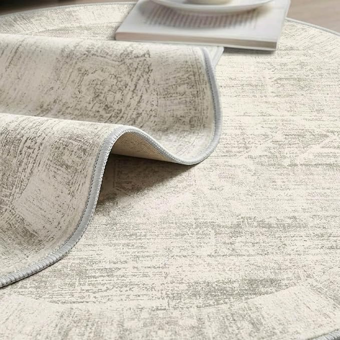 Latte&Fog Vintage 6ft Round Area Rug, Washable Low Pile Non Slip Ivory Neutral - Image 7