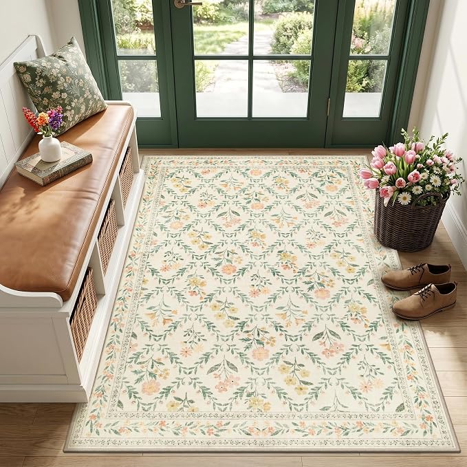 Area Rug Living Room Rugs: Floral 3x5 Washable Rug Vintage Soft Boho Non-Slip by PLHXFRSoftAreaRugs