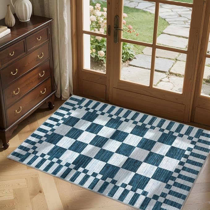 GarveeHome Blue and White Checkered Rug 2x3 Washable Rug Non-Slip - Image 3