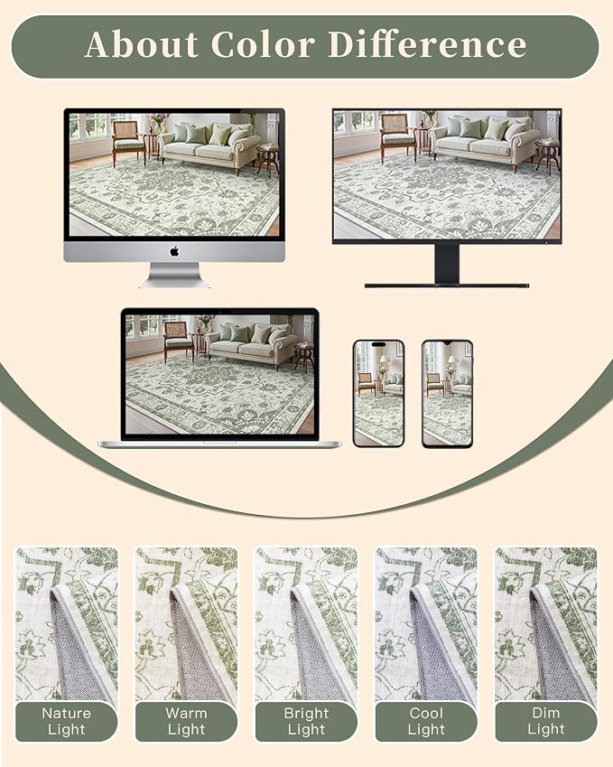 Madane 6x9 Area Rugs for Living Room, Machine Washable Vintage Green Rug - Image 7