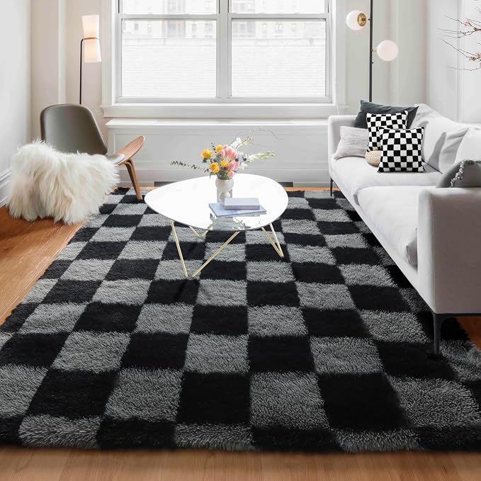 KICMOR Rugs for Living Room 5x7 Black and Grey, Soft Fluffy Checkered Shag Area - Image 5