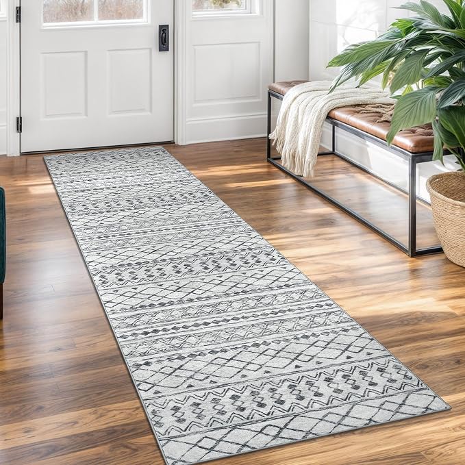 KUTA Moroccan Washable Runner Rug, 2x7 Non-Slip Vintage Grey White Boho Hallway by KUTA