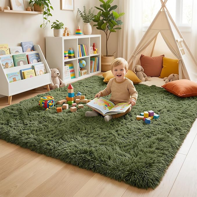Amdrebio Olive Green Fluffy Area Rugs - Image 5