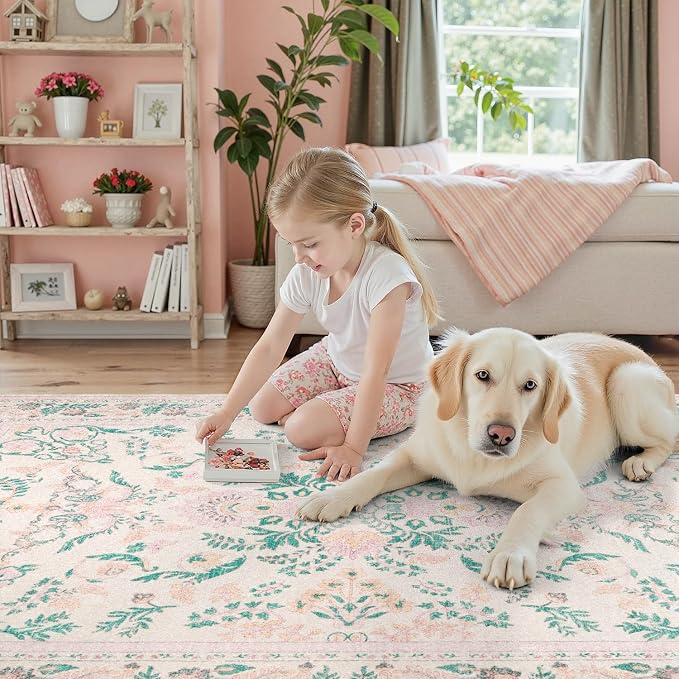DCX 4x6 Pink Rug, Floral Rug for Girl’s Bedroom, Cute Soft Low Pile Non Slip - Image 6