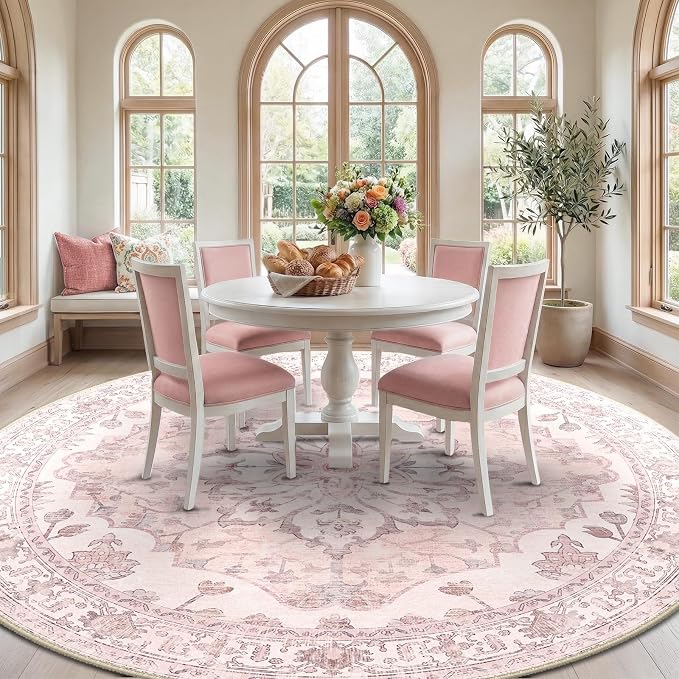 RELEANY Area Rugs Round 8ft Washable Non-Slip, Floral Vintage Distress - Image 3