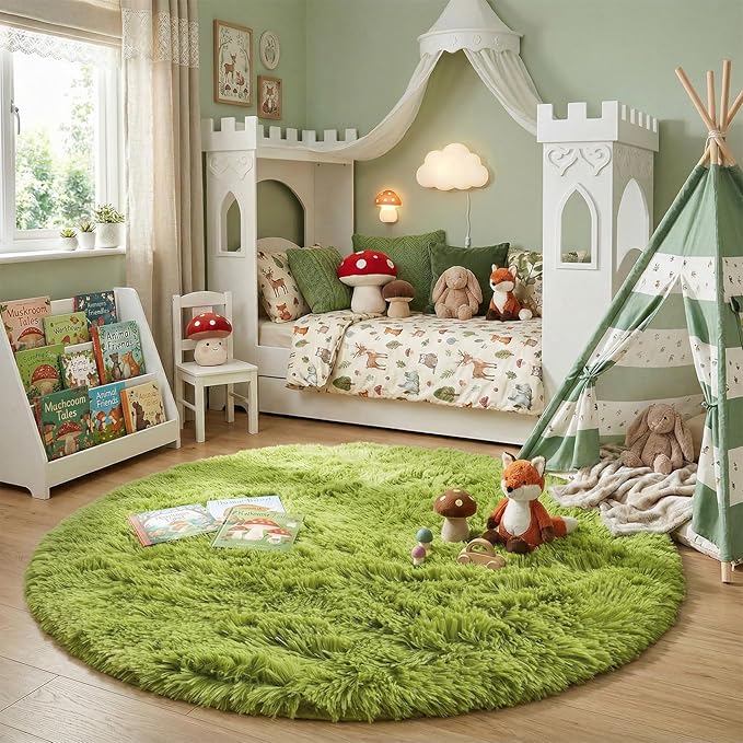 Grass Green Round Rugs 5Ft for Bedroom, Fluffy Shaggy Circle Area Rugs for Kids - Image 3