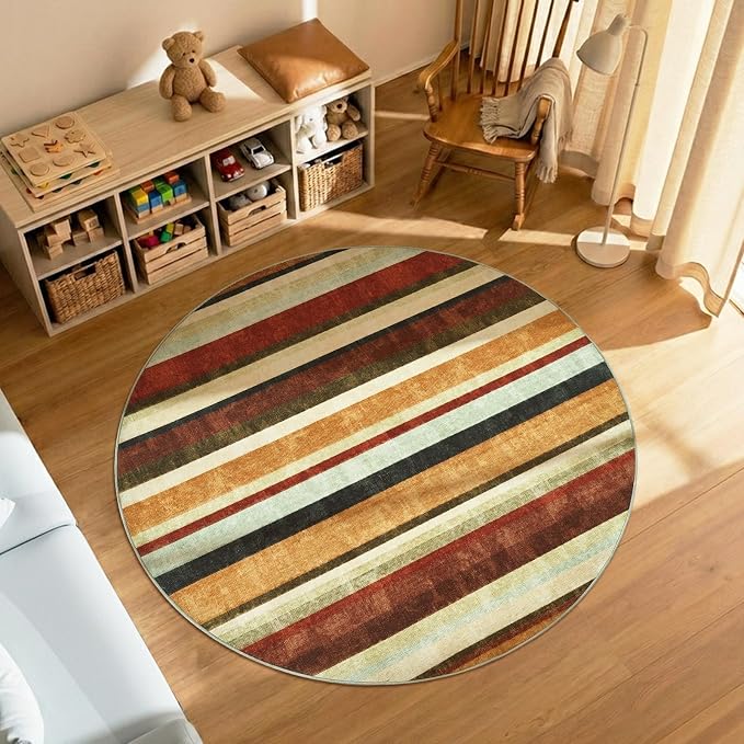 jinchan Round Rug 5ft Modern Striped Rug Washable Rug Soft Large Indoor Floor - Image 2